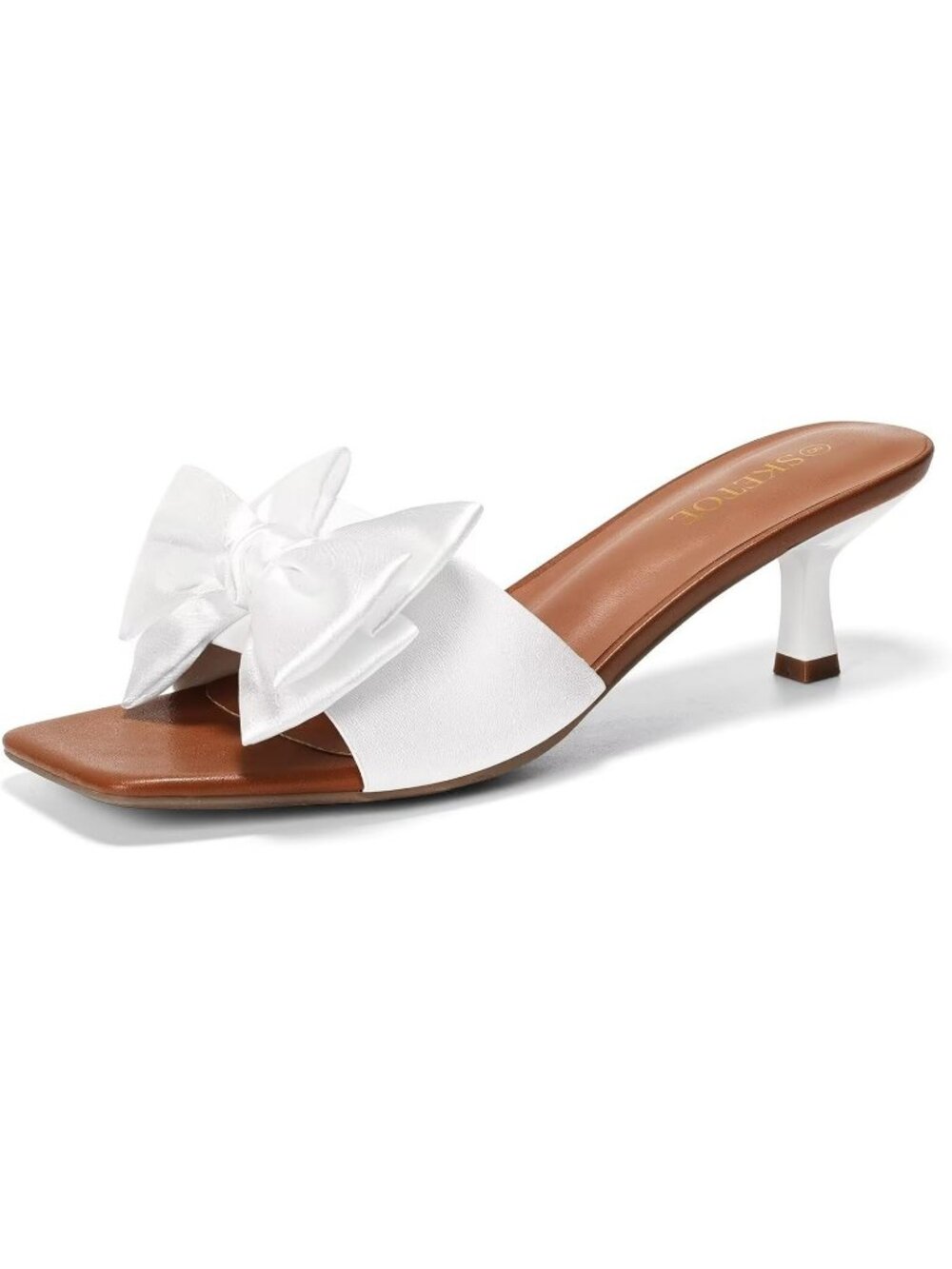 Women's Taupe Bow Kitten Heels Square Open Toe Slip On Party Sandals